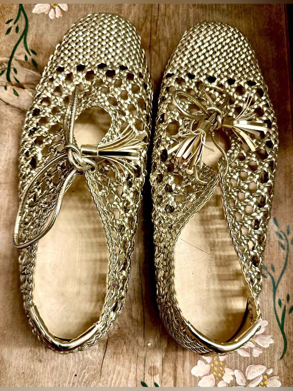 Zara Metallic Braided Effect Ballet Flats, Woven Metallic Tassel Loafers - Gold